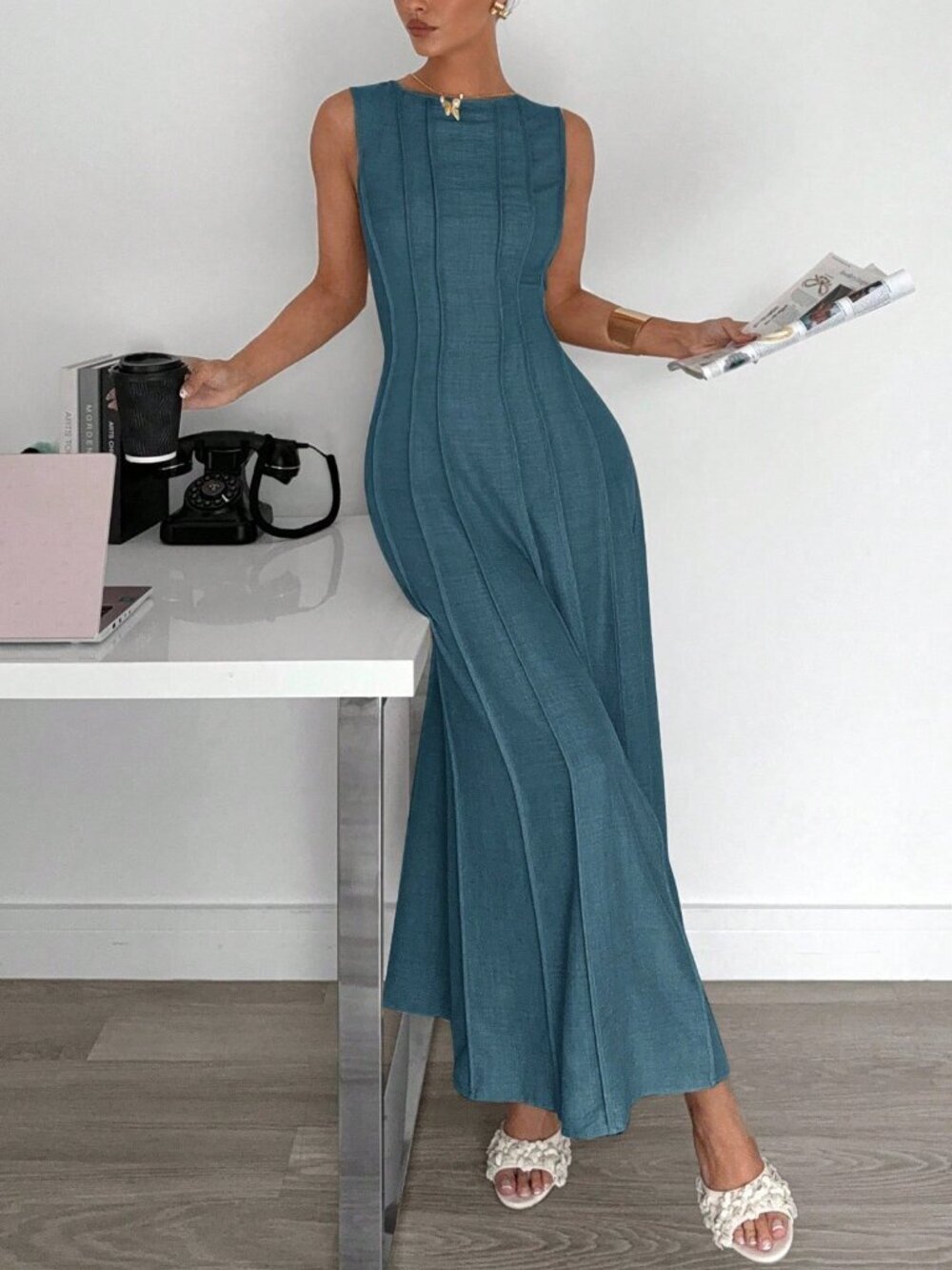 Blue Casual Women's Sleeveless A-Line Dress - Picture 1 of 5